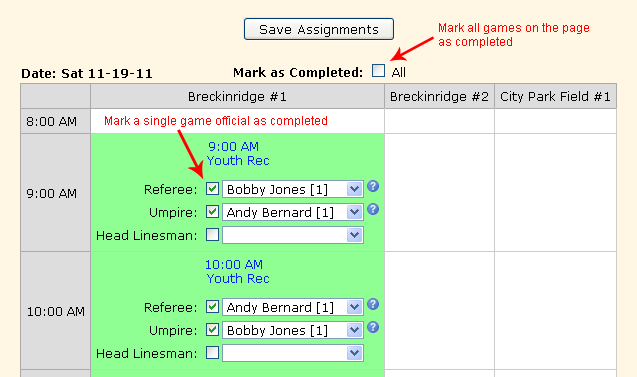 assign officials user interface
